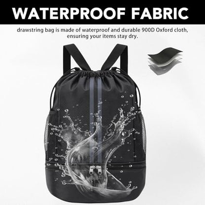 Pimoys Drawstring Backpack Gym Bag, Waterproof String Backpack with Side Mesh Pockets, Beach Bag for Basketball, Soccer, Swim, Wrestling Bag for Women Men