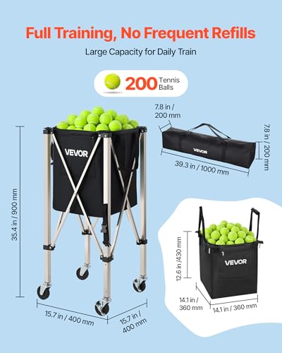 VEVOR Tennis & Pickleball Hopper Holds 200/175/150/120 Balls, 3-in-1 Tennis Foldable Pickleball Basket Cart for Easy Installation, Storage Bag for Tennis Training & Teaching - style: 200 Balls