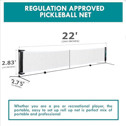 Diadem Premier Rollout Pickleball Net | 22FT Portable Regulation Pickleball Net System | Quick Setup, Lightweight & Durable Net for Indoor & Outdoor Play