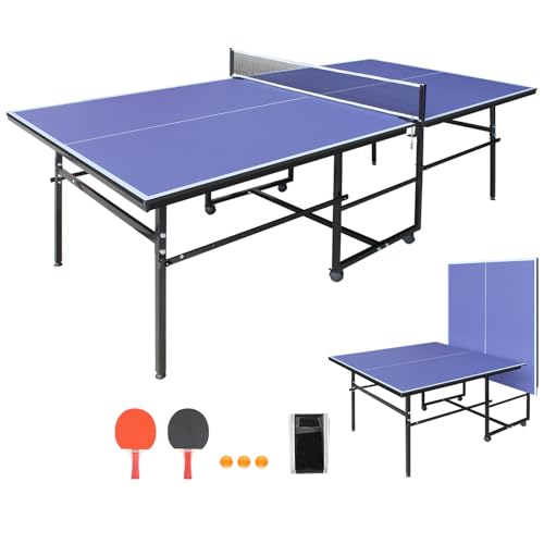 Ping Pong Table Foldable & Portable 6/8/9FT Table Tennis Table Set for Indoor & Outdoor Games with Net & Post, 2 Table Tennis Paddles and 3 Balls - color: Blue-8.5x4.3FT