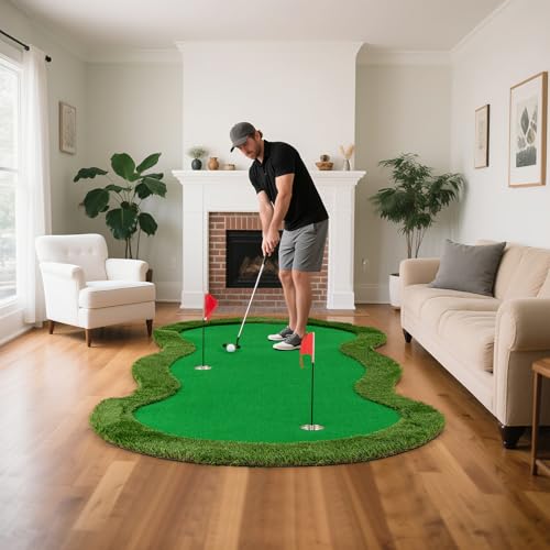 Tangkula 10 FT Golf Putting Green, Large Professional Golf Training Mat with Realistic Artificial Grass Turf, 3 Holes, 3 Flags and Cups for Indoor Outdoor Putting Practice - size: 10 FT x 5 FT, style: Waved