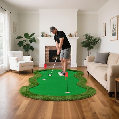 Tangkula 10 FT Golf Putting Green, Large Professional Golf Training Mat with Realistic Artificial Grass Turf, 3 Holes, 3 Flags and Cups for Indoor Outdoor Putting Practice - size: 10 FT x 5 FT, style: Waved