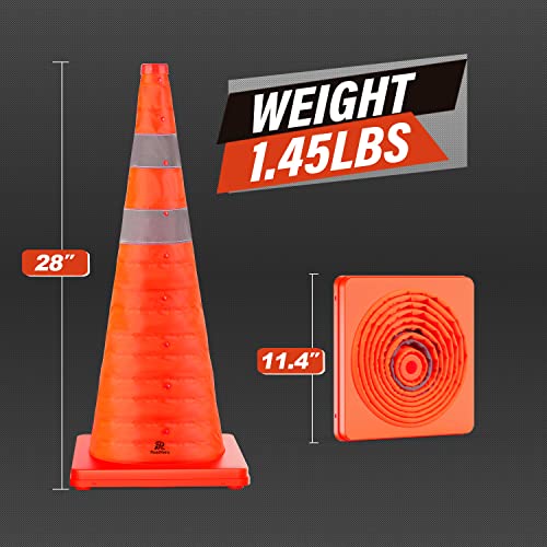 RoadHero 28 Inch 2 Pack Collapsible Traffic Safety Cones, Multi Purpose Pop-up Cones with Reflective Collar for Road Safety, Orange Cones for Driving Training, Parking Lots
