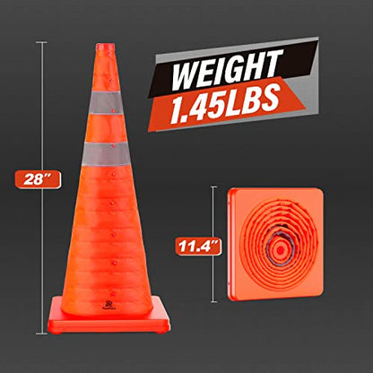 RoadHero 28 Inch 2 Pack Collapsible Traffic Safety Cones, Multi Purpose Pop-up Cones with Reflective Collar for Road Safety, Orange Cones for Driving Training, Parking Lots