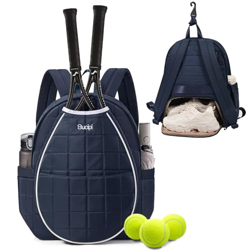 Tennis Bags for Women, Quilted Tennis Racket Bag Backpack for Tennis Racquet, Pickleball Paddles, Badminton - color: Blue & White, size: Large with Shoe Compartment