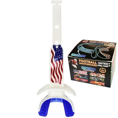 ORAL MART 2026 Youth Football Mouth Guard for Kids - Dual-Color Pacifier Mouthguard with Graphic Permanent Strap for Tackle Football - Lip Guard Mouthpiece (Brace Friendly) - Instant Fit (No Boil) - color: American Flag