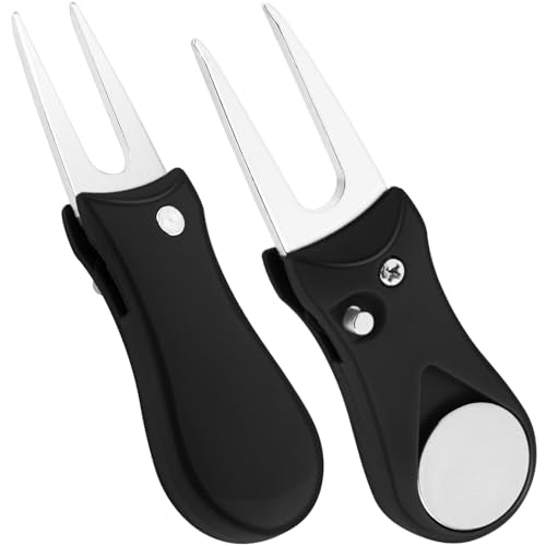 Foldable Golf Divot Tool, 2 Pack Stainless Steel Repair Tool with Pop-up Button and Magnetic Ball Marker for Men Women Golfer (Black)