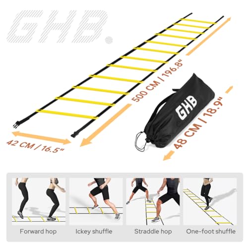 GHB Agility Ladder 1 Pack and Hex Agility Rings 1 Pack 12 Rung 20ft with 3 Carrying Bag