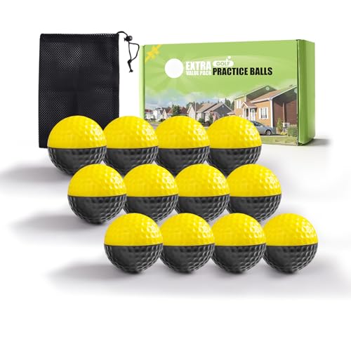 FINGER TEN Golf Practice Balls Foam Colored Value 12 Pack, Golf Ball Limited Flight for Indoor Outdoor Driving Range Backyard Training (Black & Yellow, 12 Pack)