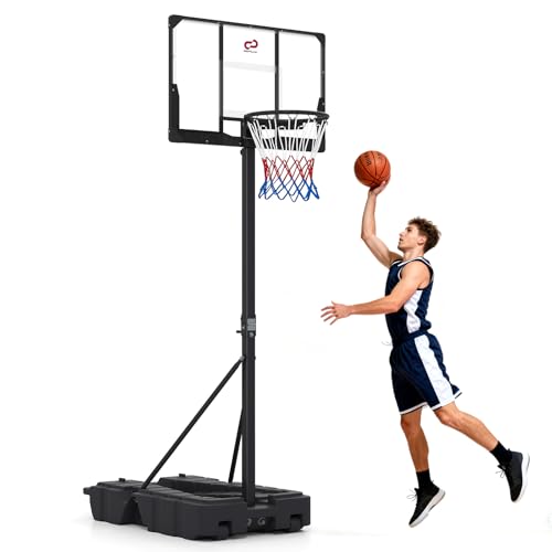 Goplus Foldable Basketball Hoop, 10 FT Stepless Adjustable Basketball Goal System w/Fillable Base, Wheels & Shatterproof PC Backboard for Adults, Indoor Outdoor Portable Basketball Stand for Backyard