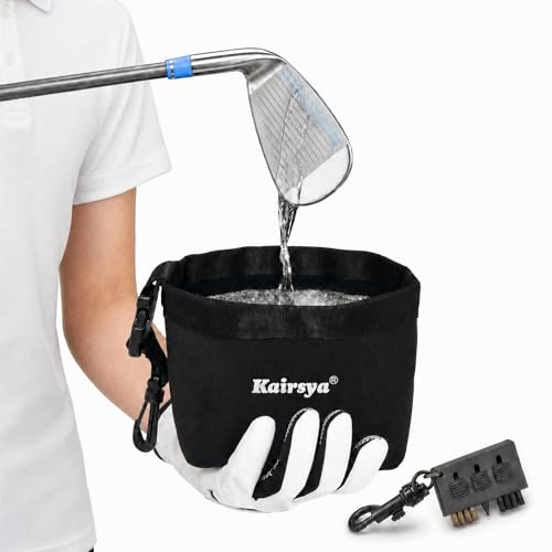 Kairsya Golf Club & Ball Cleaner Bag, 100% Leak-Proof Portable Golf Washer Pouch, Detachable Clip, Scratch-Free Microfiber Brush, Club Cleaning Kit & Groove Cleaner, Golf Gifts & Gear for Men Women