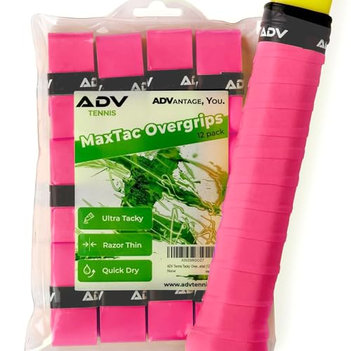 ADV MaxTac Tacky Tennis Overgrip - 12 Pack Extremely Sticky Non-Slip Tennis Grips Overgrip - Razor-Thin & Easy to Use Pro Tennis Racquet Grip Tape (12-Pack Pink) - color: 12-Pack Pink