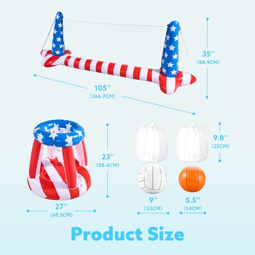 Inflatable Pool Floats Set American Flag Volleyball Net & Basketball Hoops, Swimming Pool Game Toy for Kids and Adults, Floating, Volleyball Court (105”x35”)|Basketball (27”x23”), Red White