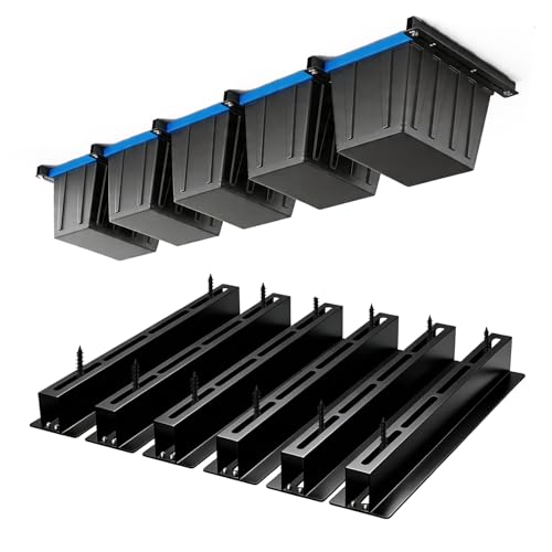 Heavy Duty Garage Ceiling Storage Rack System, Overhead Bin Slide Track Rails for 5 Bins (6 Pack), Adjustable Tote Hanger, 176 Lbs Capacity Steel - size: 6 Pack