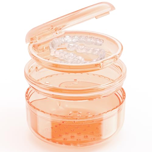 Denture Case Retainer Cleaning Case: 2 in 1 Retainer Case, No-Leak Denture Bath Box Cup, Complete Clean Care for Dentures, Clear Braces, Mouth Guard, Night Guard & Retainers - color: Orange