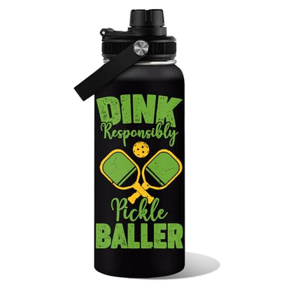 Pickleball Water Bottle 32oz | Insulated Stainless Steel Travel Tumbler with Lid Leak-Proof Keep Hot or Cold, BPA-Free |Dink Responsibly Gifts for Pickleball Lovers
