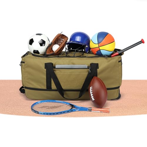 170L Extra Large Baseball Bag with Wheels Gym Duffle Softball Catchers Coach Team Equipment Bags Collapsible Rolling Travel Duffel Bat Gear Bag for Hockey Basketball Football Volleyball Soccer - color: Brown