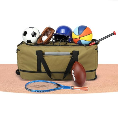 170L Extra Large Baseball Bag with Wheels Gym Duffle Softball Catchers Coach Team Equipment Bags Collapsible Rolling Travel Duffel Bat Gear Bag for Hockey Basketball Football Volleyball Soccer - color: Brown