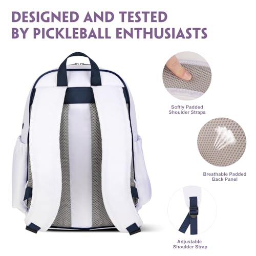 Pickleball Backpack, 30L Pickleball Bag Waterproof Large 3-Racket Tennis Sports Bag with Shoe Compartment & Insulated Pocket, Paddle Holder, Premium Sturdy Durable Bag for Men & Women (White)