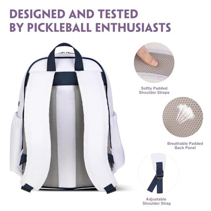 Pickleball Backpack, 30L Pickleball Bag Waterproof Large 3-Racket Tennis Sports Bag with Shoe Compartment & Insulated Pocket, Paddle Holder, Premium Sturdy Durable Bag for Men & Women (White)
