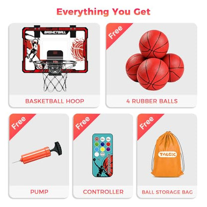 TALGIC Basketball Hoop Indoor, Over The Door Basketball Hoops with LED Lighting, Mini Hoop with Electronic Scoreboard, 4 Balls & Pump, Basketball Gifts for 5 6 7 8 9 10 11 12 Year Old Boys Girls