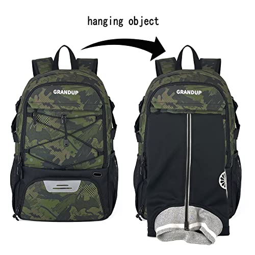 GRANDUP Basketball backpack with ball and shoes compartment Fit Volleyball, soccer, Swim, Gym, Travel, and School, large capacity sports training equipment bags - color: camo art