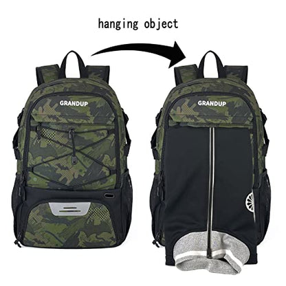 GRANDUP Basketball backpack with ball and shoes compartment Fit Volleyball, soccer, Swim, Gym, Travel, and School, large capacity sports training equipment bags - color: camo art