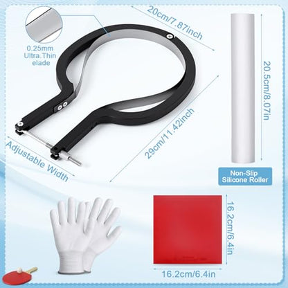 4pcs Table Tennis Rubber Cutter Kit – Roll Once Automatic Trimming Tool for Beginners, Clean Edges Every Time, Adjustable Design Fits Most Racket Shapes, Includes Roller, Gloves & Rubber Sheet