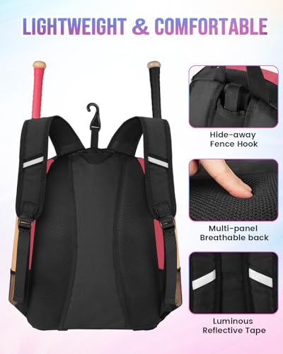 MATEIN Softball Bag, Lightweight Baseball Backpack with Shoe Compartment, Baseball Bag with Fence Hook for TBall Bat & Equipment, Softball Gifts Catchers Backpack for Women Fit Catcher’s Mitt, Helmet - color: Pink Black