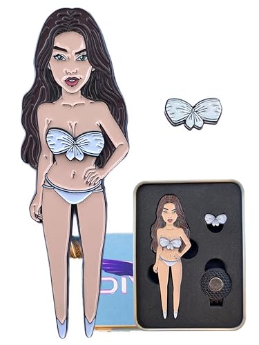 Sexy Golf Divot Tool with Removable Bikini Ball Marker – Magnetic Hat Clip & Gift Tin Included – Hottest Accessory on The Green - color: Brunette