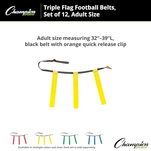 Champion Sports Quick Release Flag Football Set – Durable Belt, 3 Detachable Flags & Adjustable Fit (25”-50”) - color: Yellow Flags, size: X-Large (40"-50")