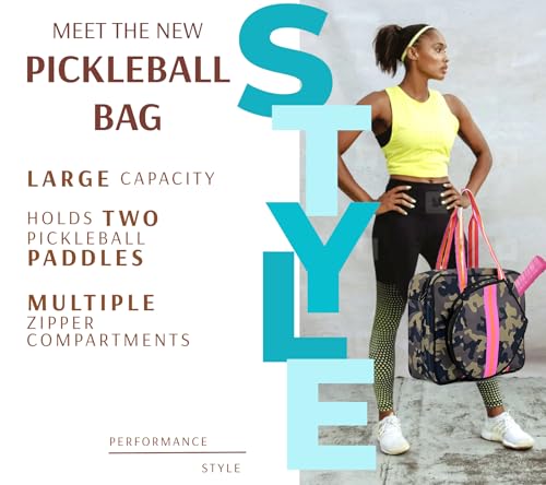 Pickleball Sports Tote Bag with Racket Holder, Neoprene, Adjustable Shoulder Strap - color: Green Camouflage