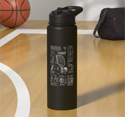 Pickleball Paddle Court Layout Net Height Chart Stainless Steel Insulated Water Bottle - color: Black