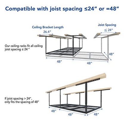 FLEXIMOUNTS 4x8 Overhead Garage Storage Rack w/Hooks Adjustable Ceiling Storage Rack, 96" Length x 48" Width x 40" Height, 22''-40" Ceiling Dropdown, Black, Classic Series