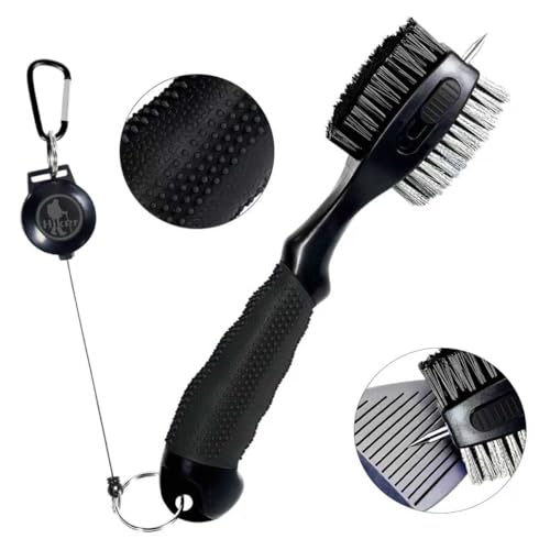 Hiker Golf Club Cleaning Brush with Groove Cleaner, Dual Sided Golf Club Brush, Oversized Wire and Nylon Brush Heads, 2ft Retractable Zipline Carabiner & Comfortable Rubber Grip Golf Accessories - color: Black