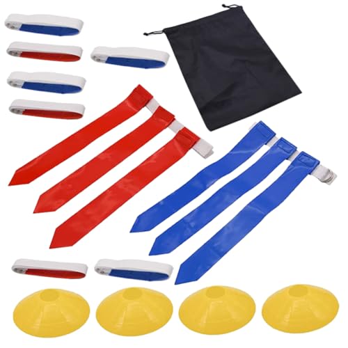 ibasenice Youth Flag Football Belt Set Adjustable Rugby Waist Belts with 10 White Straps, 30 Flags, 4 Marker Cones and Black Drawstring Bag for Football Game Training and Competition