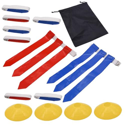 ibasenice Youth Flag Football Belt Set Adjustable Rugby Waist Belts with 10 White Straps, 30 Flags, 4 Marker Cones and Black Drawstring Bag for Football Game Training and Competition