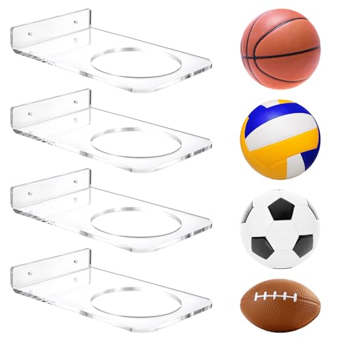 4 Pcs Basketball Holder Wall Mount, Acrylic Ball Display Rack Wall Mount Clear Sports Ball Storage Hanger for Football Soccer Volleyball Rugby