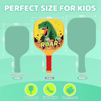 Joycat Kids Pickleball Paddles Set of 2, Lightweight Plastic Cute Pickleball Paddles with Small Grip, 2 Pickleballs, 1 Drawstring Bag,Indoor Outdoor Sport Gift for Kids,Beginner - style: Dinosaur
