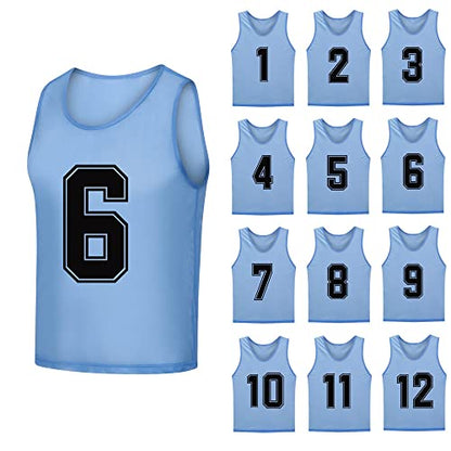 12 Pack（1-12） Numbered Pinnies/Soccer Training Bibs/Basketball Jerseys for Kids,Youth and Adults - color: 1-12 Sky Blue, size: Large