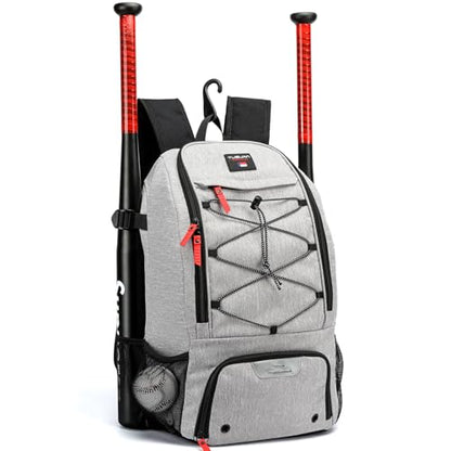 Baseball Backpack, Baseball Bag for Youth, Softball Bat Bag with Shoes Compartment, Laptop Compartment & Holds 2 Bats, Small Baseball Bat Equipment Bags for Fence Hook, Glove Holder & Helmet - color: Gray
