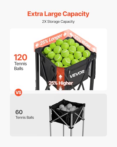 VEVOR Tennis & Pickleball Hopper Holds 200/175/150/120 Balls, 3-in-1 Tennis Foldable Pickleball Basket Cart for Easy Installation, Storage Bag for Tennis Training & Teaching - style: 120 Balls