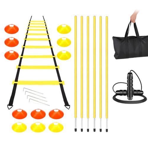 Agility Speed Training Equipment Set, 20ft Speed Ladder, 6 Coaching Sticks Poles, 12 Soccer Cones, Jump Rope, Soccer Football Basketball Sport Training Set