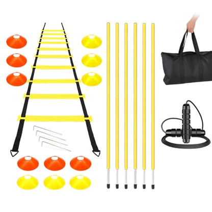 Agility Speed Training Equipment Set, 20ft Speed Ladder, 6 Coaching Sticks Poles, 12 Soccer Cones, Jump Rope, Soccer Football Basketball Sport Training Set