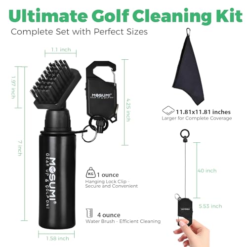 Golf Club Brush Cleaner with Retainer Clip and Squeeze Water Bottle 7.5 Inches Holds 4 Ounces of Water, Essentials Golf Accessories for Men, Best Golf Gifts for Men