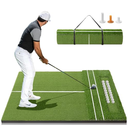 RELILAC 5x4ft Golf Mat with Ball Tray, 26/31mm Thickened Golf Hitting Mats for Backyard, Driving Range, Indoor & Outdoor Practice, Turf Matt with 3 Tees for Chipping Swing Driving Training