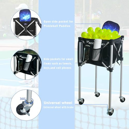 Pickleball Capacity Wheeled cart - Pickleball Storage Bag - Pickle Ball Equipment for Practice - Pickleball Training - Tennis Ball Hopper - Tennis Ball Caddy-with Water Bottle Holder
