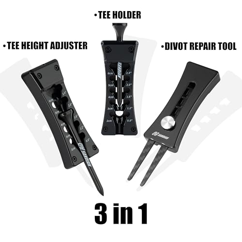 SANDIAN, All-in-1 Value Pak, Adjustable Golf Tee Height Setter with Divot Tool, Genuine Carbon Fiber Made Pitchfork, Super Lightweight, T800 Ball Marker, Hat Clip, Tees, Leather Holster, Zipper Case