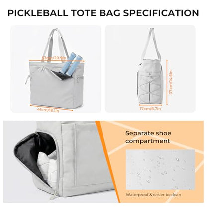 Pickleball Bag for Women Men, Large Pickleball Tote Holds 2-4 Rackets, Pickleball Bags with Shoe Compartment & Water Bottle Pocket, Pickleball Gifts, Water-Resistant & Lightweight - color: Grey