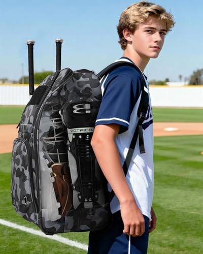 AUROTIER Rolling Baseball Bag with Wheels, Large All-Terrain Wheeled Softball Bag Holds 4 Bats, Water-Resistant Baseball Roller Backpack with Shoe Compartment and Fence Hooks for Players and Coaches - color: Black Camo